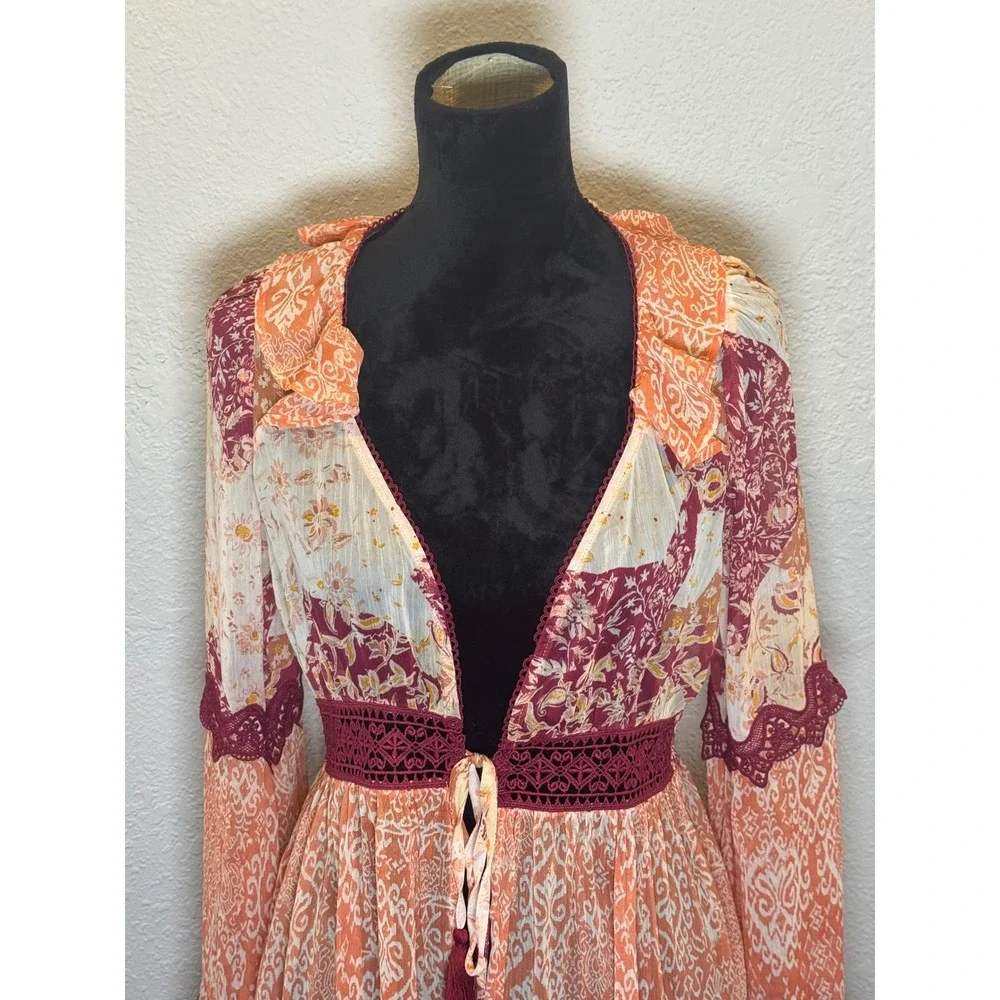 Miss Me Boho Patchwork Floral Lace Trim V-Neck Mini Dress Orange Burgundy Small